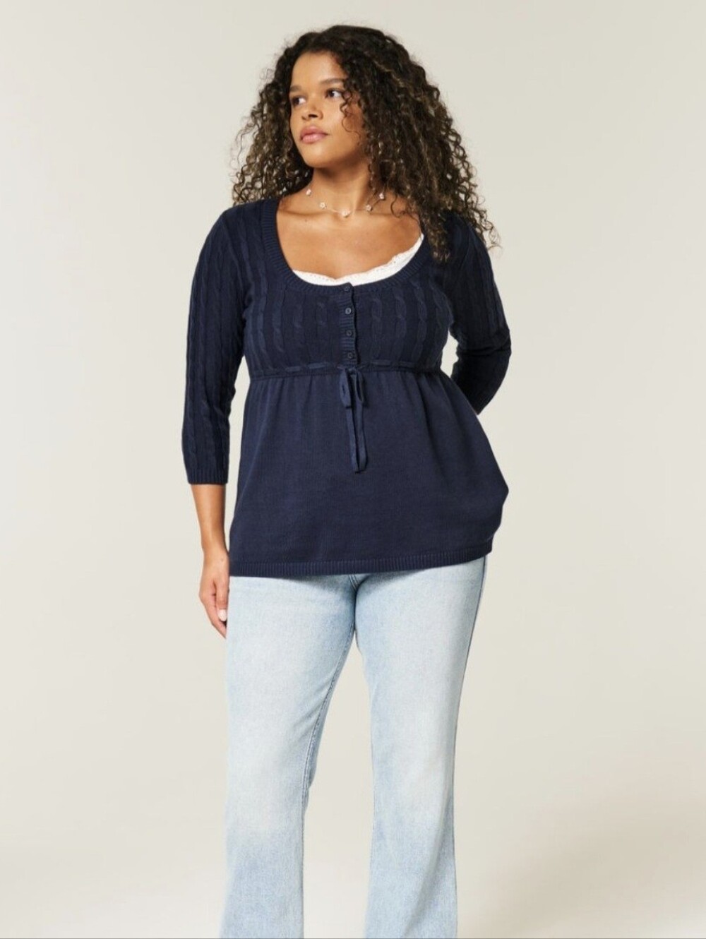 Hollister Cable-Knit Babydoll Sweater In Navy Blue, Size Small